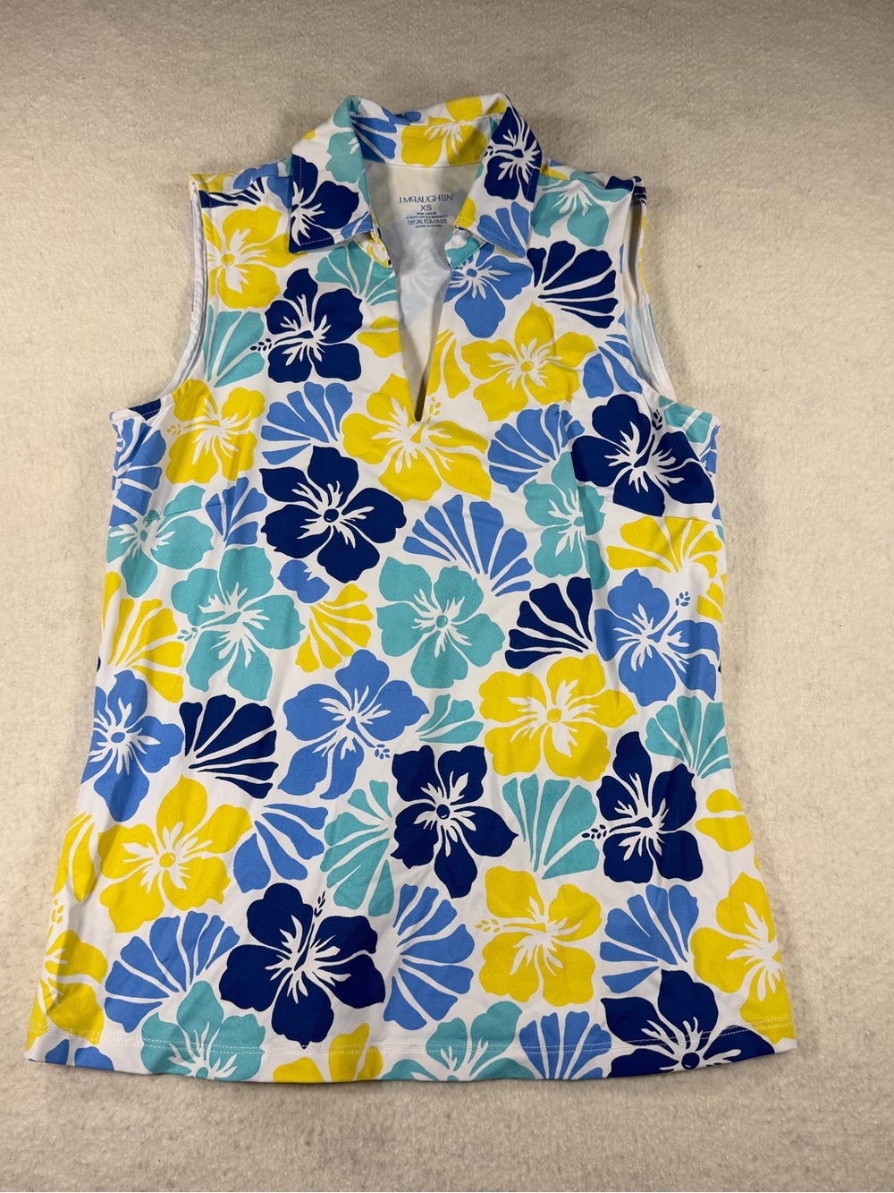 J. McLaughlin Aida Top Yellow Blue Hibiscus Collared V Neck Sleeveless Top Sz XS